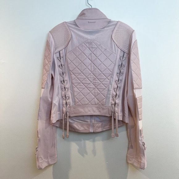 Blanc Noir Light Pink Leather Mesh Bohemian Lace Up Back Full Zip Moto Jacket L - Picture 13 of 14